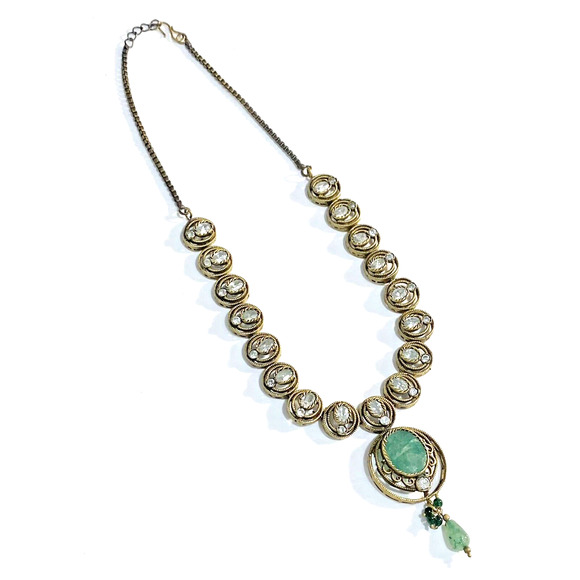 Gold Chain Necklace Choker Green Marble Stone Pendant Filigree Art Deco Chic - Picture 1 of 7